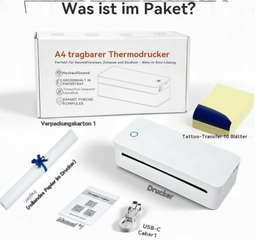 Fuhuihe Tattoo Drucker Übertragungsvorlage Maschine A4-Drucker Thermodrucker Bildungsdrucker, TattooVorlage mit 10 Blättern Vorlagenpapier 1 Rolle A4-Etikett-Standardpapier, weiß