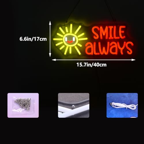Image of Smile Always Neon LED Sign with Happy Sun Red Yellow Sunshine Gift for Friends Kids Teenagers Positive Quote for Classroom, Office, Bedroom, Man cave, School Nursery Wall Decor