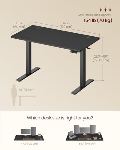 Image of VASAGLE Electric Standing Desk, 47.2 x 23.6 Inches Height Adjustable Desk, Sedentary Reminder, 4 Memory Heights, for Home Office, Black ULSD312BZ02S