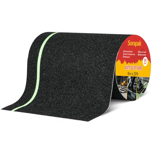 Image of Glow in The Dark Anti Slip Tape, 8in x 20ft Black 80 Grit Waterproof Grip Tape Roll, Non Slip Stair Treads for Outdoor Steps, Ramps, Walkways, Decks & Floors