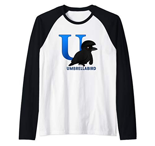 U is for Umbrellabird Funny Cartoon Bird Alphabet Letter U Raglan Baseball Tee