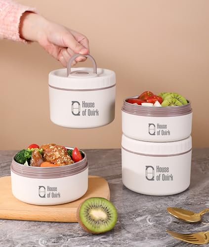 Image of House of Quirk 304 Stainless Steel Bento Lunch Box for Adults, 3 Stackable Containers with Insulated Thermal Case, Microwave Safe & Portable 2 x 420ml & 1 x 620ml (Beige)