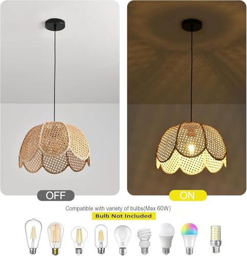Image of Boho Pendant Light Fixture Bamboo Hanging Light Rattan Pendant Light Woven Wicker Shade Rattan Chandelier for Dining Living Bedroom Kitchen Farmhouse (Bulb not Include) (Lotus)