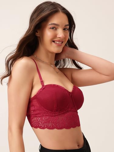 Image of Clovia Women Lace Solid Padded Full Cup Underwired Bralette Bra - Red