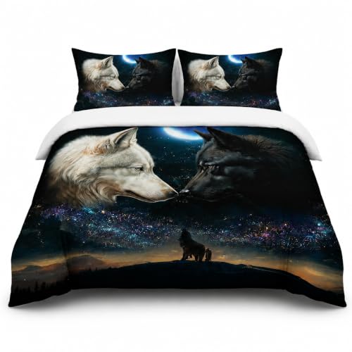 AILONEN Wolf Couples Duvet Cover Set King Size, Evening Snowfield Moon Wolf Bedding Set, Milky Way Comforter, 1 Quilt Cover and 2 Pillowcases, Soft