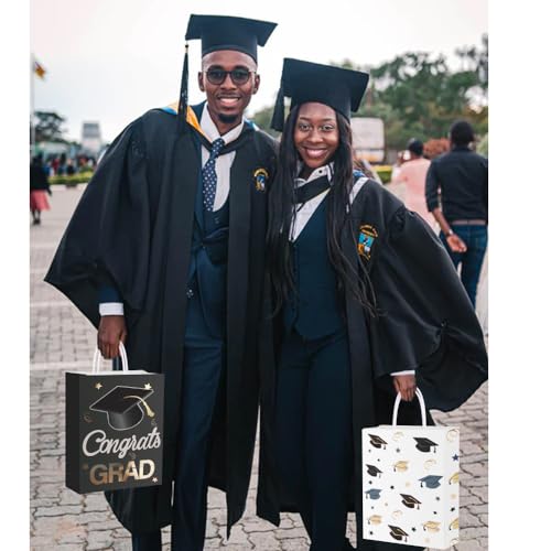 Image of 12 Pieces Graduate Gift Bags, Graduation Party Decorations (Black Gold) | Graduation Party Favor Gifts Wrapping Bags for Graduation Season Theme Party Supplies