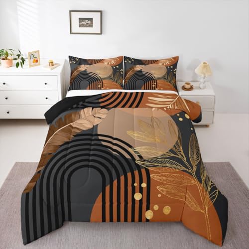 Homewish Juego de edredón de matrimonio marrón oscuro y negro, juego de ropa de cama bohemio dorado de mediados de siglo, juego de edredón geométrico de sol, edredón minimalista abstracto sin funda