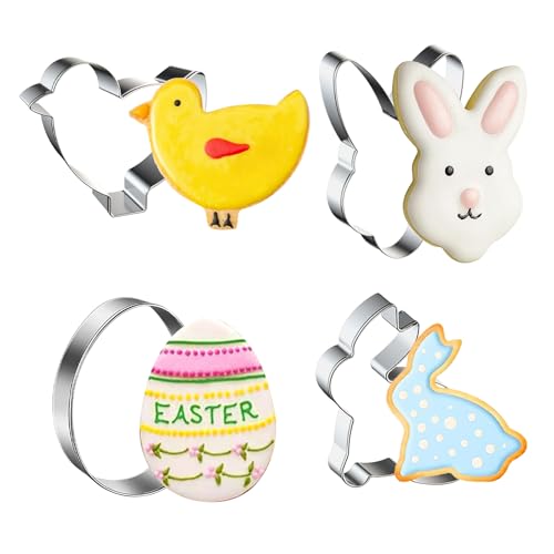 4PCS Easter Cookie Cutters Set, Easter Cutter Biscuit Cutter, Easters Hare Cookie Cutters, Easters Egg Cookies Mold, Egg, Rabbit Face, Bunny, Chick Cookies Mold for Baking Eastertide Party Decor Gift