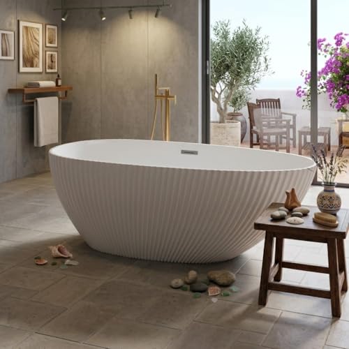 Freestanding Bathtub 59 Inch – Acrylic Free Standing Tub with Eggshell Design and Organic Lines, Chrome Overflow & Pop-Up Drain, Modern Soaking Tub for Bathroom