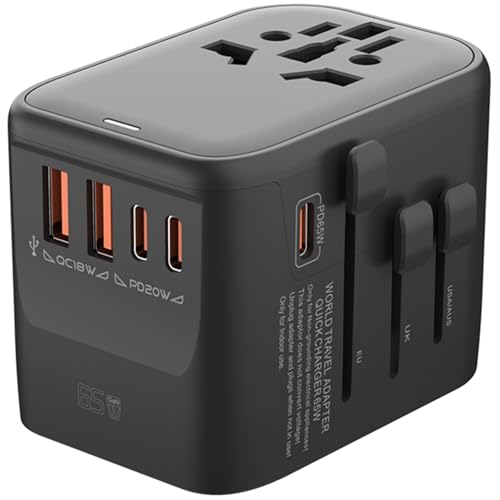 Universal Travel Adapter GaN 65W International Plug Adapter 3 PD USB-C 2 QC USB-A Fast Charging Ports Worldwide Power Adaptor Travel for EU UK AUS 200+ Countires(Black) by QENEQ - Used condition - CA$37.99