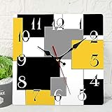 ArtSocket Wooden Wall Clock Silent Non-Ticking, Yellow Black Grey Abstract Geometric Minimalist Checkered Square Rustic Wall Clocks Decor for Home Kitchen Living Room Office(12 Inch)