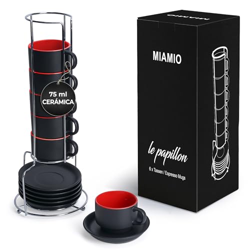 MIAMIO 6 x 75 ml chávenas café expresso de cerâmica de grés - conjunto de chávenas de café com prato - coleção Le Papillon (vermelho)