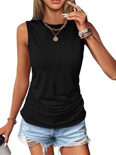 Womens Ruched Tank Tops Crewneck Sleeveless Shirts Slim Fitted Top Dressy Casual Summer Trendy Clothes 2025