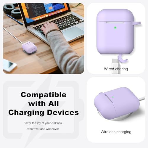 Image of AirPods Case Cover with Keychain, Full Protective Silicone AirPods Accessories Skin Cover for Women Girl with Apple AirPods Wireless Charging Case,Front LED Visible-Pink Purple