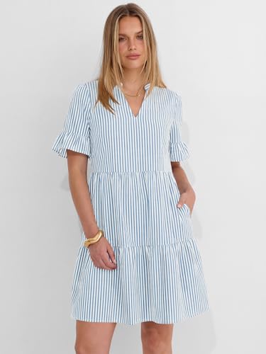 Image of Caracilia Dresses for Women Summer 2026 Striped V Neck Ruffle Sleeve A Line Tiered Flowy Casual Mini Beach Dress with Pockets