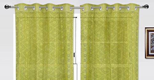Image of Dekor World Green Cotton Net Curtain Set (Pack of 2)-110x275cm (4x9Feet) Long Door Curtain