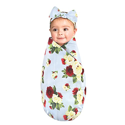 Image of Touched by Nature Unisex Baby Organic Cotton Swaddle Blanket and Headband or Cap, Rose Mum, One Size