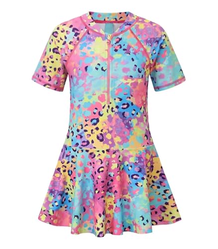 Image of Girls One Piece Swimsuits Bathing Suit for Kids Girls Summer Swim Dress Short Sleeve Swimwear 3-16 Years
