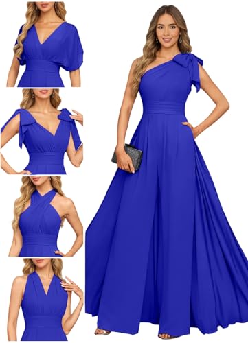 Mkojaa Women's Modest Convertible Jumpsuit Chiffon Overlay Wide Leg Pants Formal Wedding Attire Royal Blue Formal Cruise Wear Jumpsuit for Women Royal Blue US6