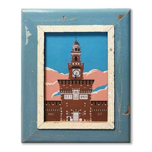 Cadre en bois bleu clair château Sforzesco Milan A4 pour salon cosy