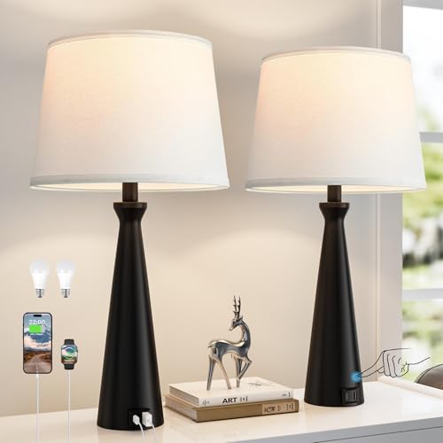 Seealle Modern Table Lamps Set of 2 - Touch Bedside Lamp for Nightstand with Dual USB C+A,3-Way Dimmable Black Nightstand Lamps for Living Room Bedroom End Table(Bulb Included)
