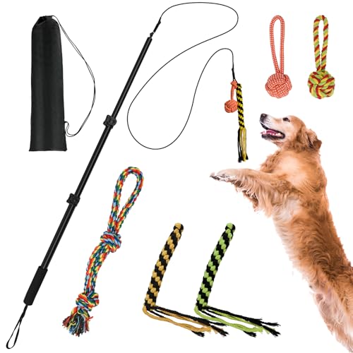 WOVTE Flirt Pole for Dogs Extendable Dog Flirt Pole with Detachable Toy Ropes Dog Teaser Wand with Lure Chewing Toy for Outdoor Exercise & Training for Large Medium Small Dogs