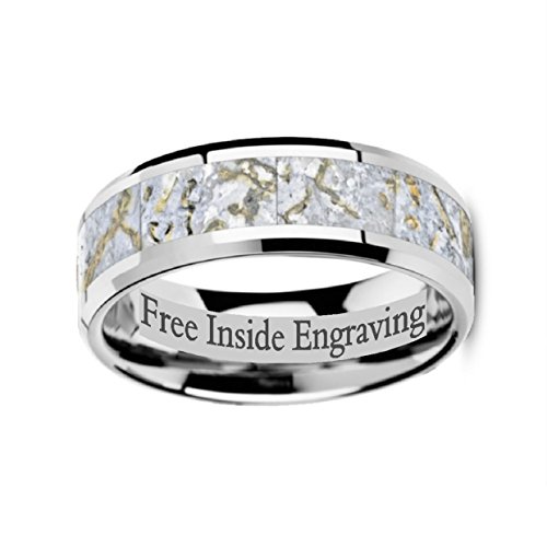 Mesozoic White Dinosaur Bone Inlaid Tungsten Carbide Beveled Edged Ring 8Mm Wide Wedding Band With Custom Inside Engraved Personalized #TOP2