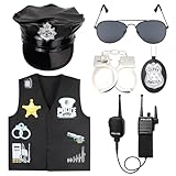 Kyson 6 Pcs Police Officer Costume Outfit for Men Halloween Theme Party Cop Hat Vest Handcuff Badge Belt Shades Walkie Talkie (Set A)