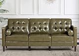 Nansiee 84” Faux Leather Sofa with Tufted Backrest, Upholstered 3-Seat Couch with 2 Bolster Pillows, Mid-Century Sofa with Wooden Legs for Living Room, Bedroom, Office, Olive Green