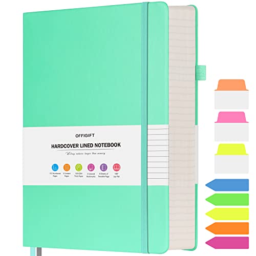 OFFIGIFT Lined Journal Notebook, Large A5 Hardcover Leather Journal, 312 Numbered Pages Work Notebook, 100gsm No Bleed Paper, College Ruled Notebook for Women Men School Office, Teal