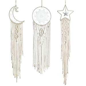 3 Piezas Atrapasueños Macramé Colgante Pared Boho Dream Catcher Sol Luna Estrella Tapiz Tejido Bohemio Elegante Decoración Arte Pared para del Hogar Niñas Regalo