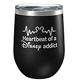 Funny Disney-Inspired Stainless Steel Wine Tumbler with Lid | Vacuum Insulated Mug | Mickey Mouse | Birthday | Housewarming Gift | By Laser Etchpressions | Heartbeat of a Disney Addict Black