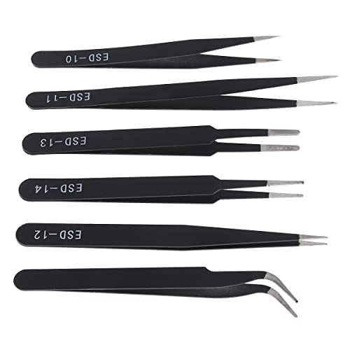 6pcs Precision ESD Tweezers Set, Anti-Static Stainless Steel Tweezers, Non-Magnetic Curved Set, Electronics Kit for Jewelry, Craft, Electronics (1.5mm)