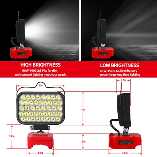 Image of Portable LED Work Light Compatible with Craftsman 20V Battery, 90W 7000LM Cordless Flood Lights with USB & Type-C, Low Voltage Protection, for Job Site Lighting,Camping Outdoor (No Battery)