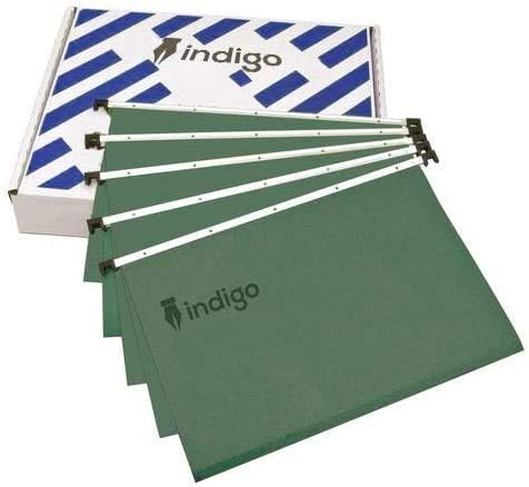 Indigo® Premium Suspension Files with Tabs & Inserts - Foolscap (36cm x 24cm) - Office Home Files Green (Pack of 50)