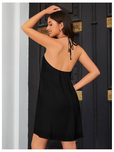 Image of OYOANGLE Women's Summer Beach Dresses Sleeveless Halter Tie Back Solid Backless Flared Short Dress