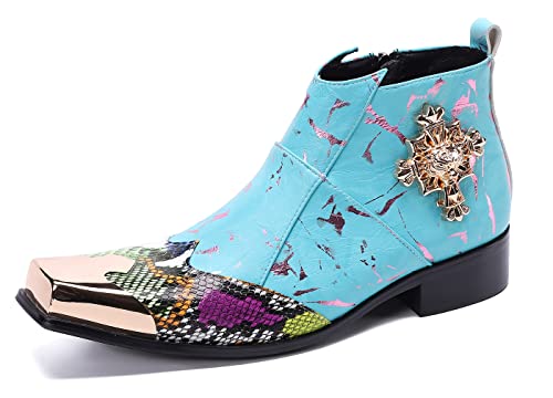 Santimon Mens Fashion Chelsea Boots Zipper Leather Blue Casual Square-Toe Metal Tip Dress Shoes 9 #TOP2