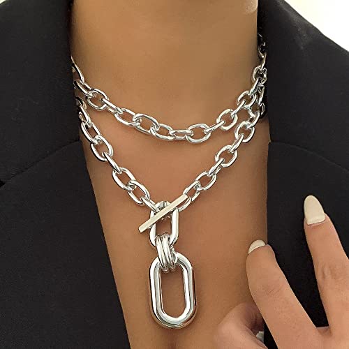 Rumtock 2Pcs Silver Layered Chunky Chain Choker Necklace With Toggle Clasp Rectangle Oval Pendant Punk Jewelry For Women Girls Gift #TOP1