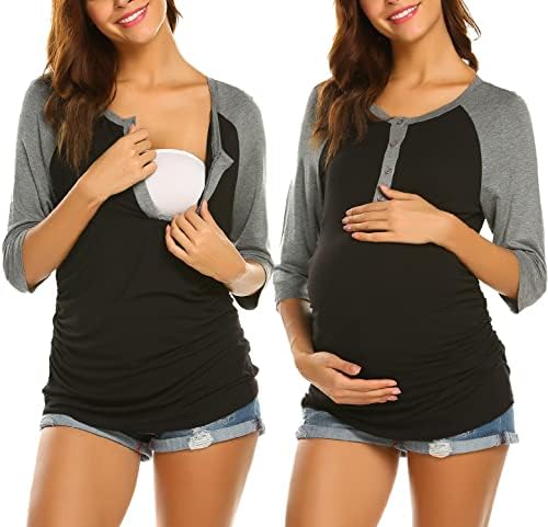 Ekouaer Women Maternity and Nursing Tshirt 3/4 Sleeves Prgnancy Shirts Comfy Breastfeeding Shirts Nursing Blouse (Grey L)