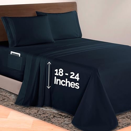 Image of Elegant Comfort Luxurious 1500 Premium Hotel Quality Microfiber 4-Piece Sheet Set, 18-24 Inches Deep - Extra Deep Pocket Sheets - Ultra Soft 4PC Deep Pocket Sheets, Queen, Black