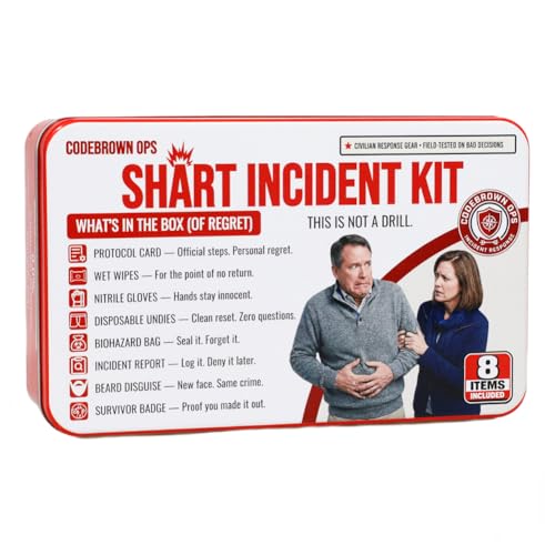 Shart Incident Kit for Men - 8 Items Gag Gifts Funny Novelty Emergency Sharting Joke Box with Wet Wipes, Disposable Underwear, Gloves, Badge - Adult Party & Birthday Prank Gifts for Family, Friends