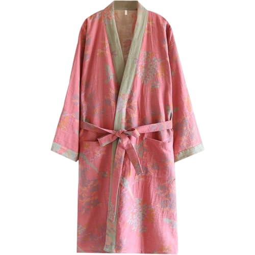 Glixoft Batas De Algodón De Estilo Japonés Albornoz De Primavera Y Otoño Kimono Informal Pijamas Yukata Camisón De Media Manga con Cinturón De Corbata para Mujer