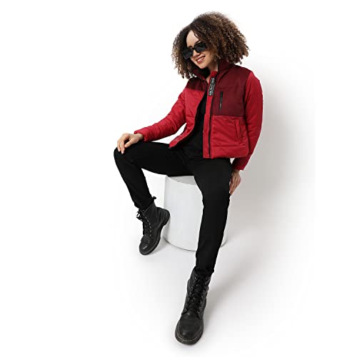 Image of Campus Sutra Women Red & Maroon Puffer Regular Fit Bomber Jacket For Winter Wear | Standing Collar | Full Sleeve | Zipper | Casual Jacket For Woman & Girl | Western Stylish Jacket For Women