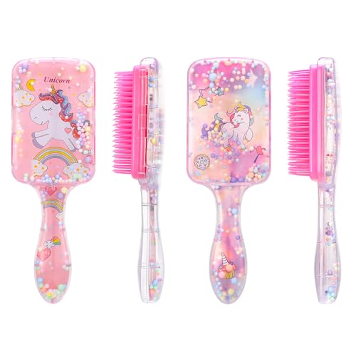 2 Packs Girls Hair Brush Set Pink Unicorn Toddler Hair Brush with Rainbow Sequin Girls Detangle Brushes Paddle Brushes Set for Curly Straight Hair Styling
