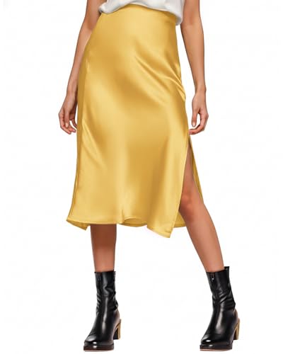 Image of Amy Babe Womens Satin Silk High Waist Slit Midi Skirt Long Skirts for Women | Elastic Waistband, Side Split, Midi Length, Below the Knee, Silky Fabric, Elegant, Fall Winter Outfits