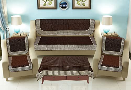 Image of SAWNA Homes 5 Seater Sofa Set with Center Table Cover for Living Comfort - 3 and 2 Seater Arm Cover Set for Home Sofa Couch - 16 Pcs Chenille Slip Cover for Furniture Protector, Mehroon