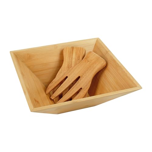 Relaxdays Insalatiera, bambù, Posate, Insalata, Frutta, Snack, HxLxP: 28x28x10 cm, Ciotola Ovale, Naturale, 10 x 28 x 28 cm