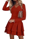ORANDESIGNE Damen A-Linie Kleid Minikleid Langarm Volltonfarbe Mehrlagig Rüsche Herbst Frühling V-Ausschnitt Swing Kleid Personalisiert Elegant Tunika Kleid für Party Cocktail Freizeit A Rot S