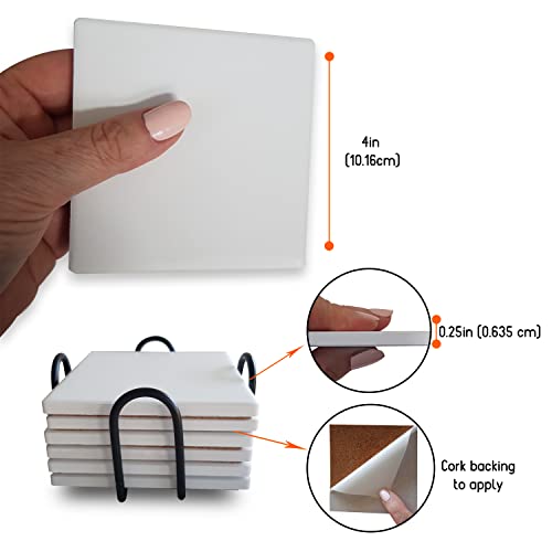 Ceramic Coaster Sets - 12 Square 4 Inch Matt Absorbent Coasters With Stick-On Cork Backing Pads & 2 Metal Stands – For Sublimate Printing, Acrylic Pouring And All Diy Craft And Painting Projects #TOP1