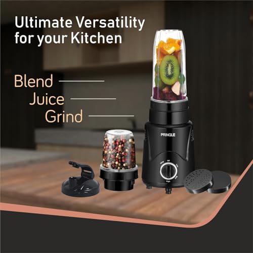 Image of Pringle Alexa Nutri Blender 450W | Smoothie Maker & Mixer Grinder | 2 Food Grade Jars | Sipper Cap & Storage Lids | Dual Blade System | Compact Kitchen Blender | 1 Year Warranty | Black